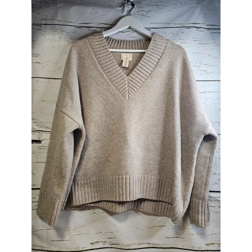 H&M 100% Wool Oversized V-Neck Sweater Oatmeal Beige XS